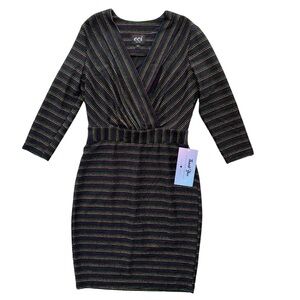 Eci Womens Small Black Multi Metallic Knit Stripe 3/4 Sleeve V-neck Sheath Dress